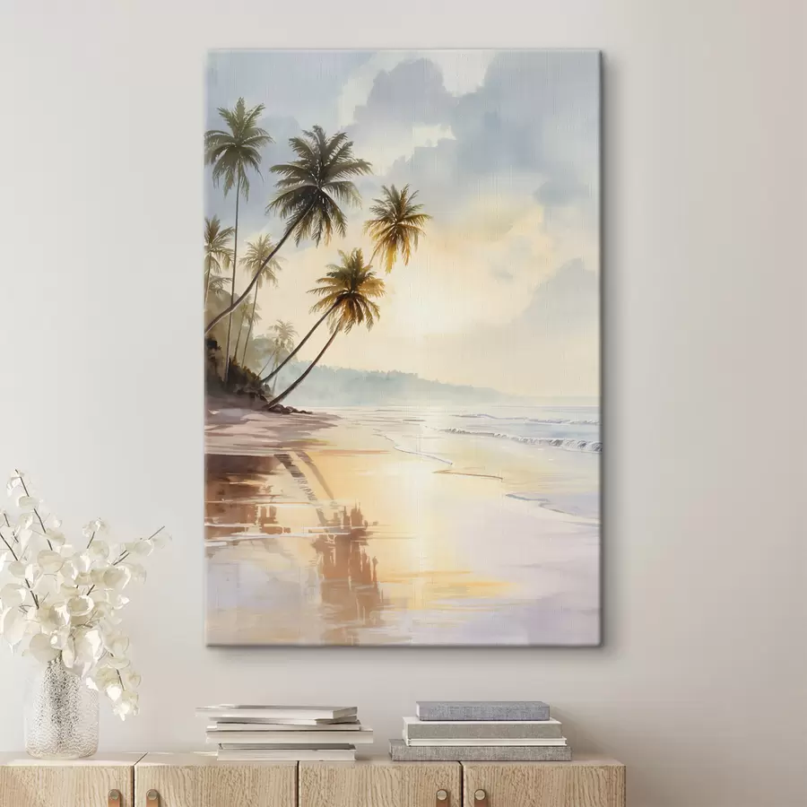 Wandbilder Sonnenuntergang am Strand einer Insel im Aquarellstil s47136