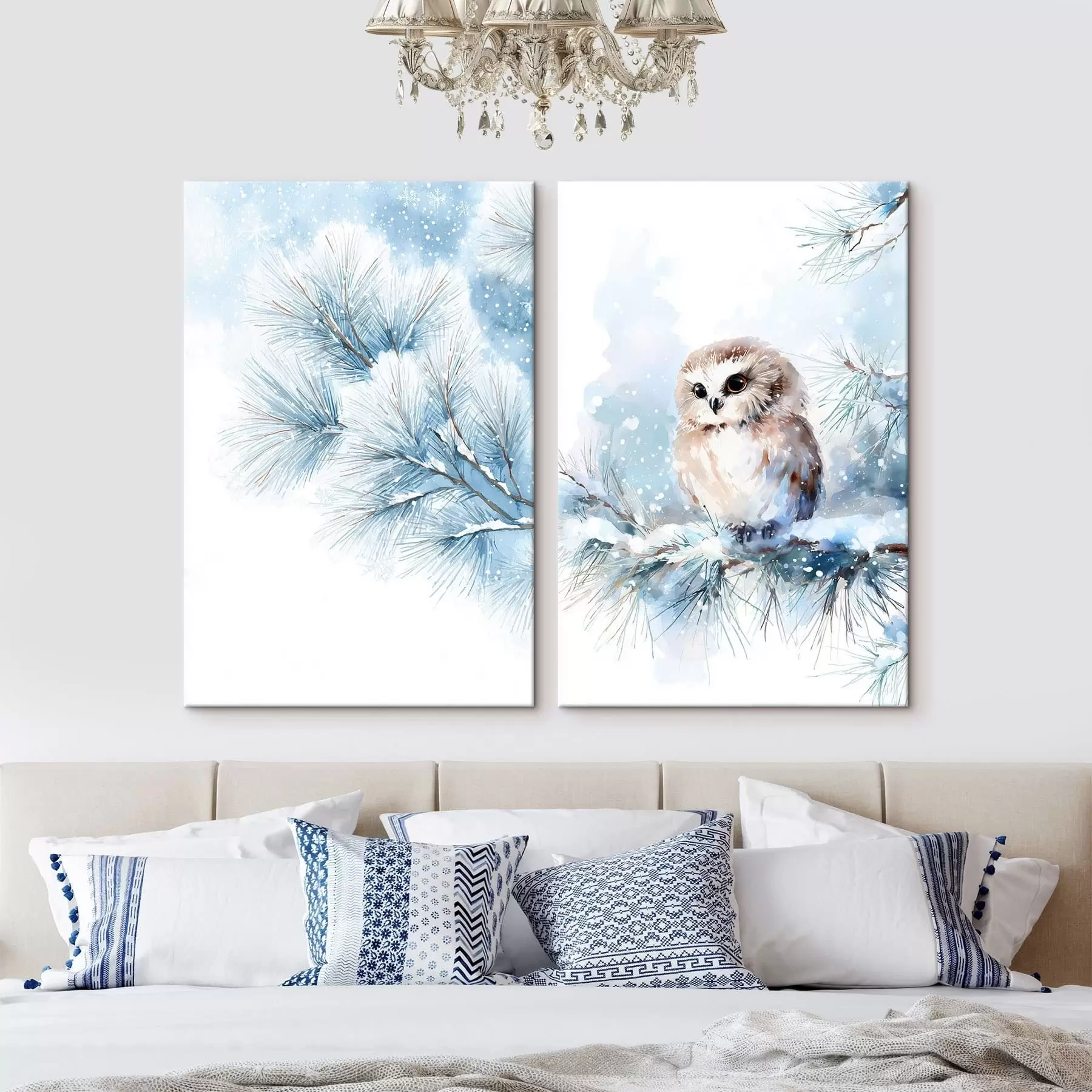 Wandbilder Niedliche Eule auf einem schneebedeckten Tannenzweig im Aquarellstil m01168