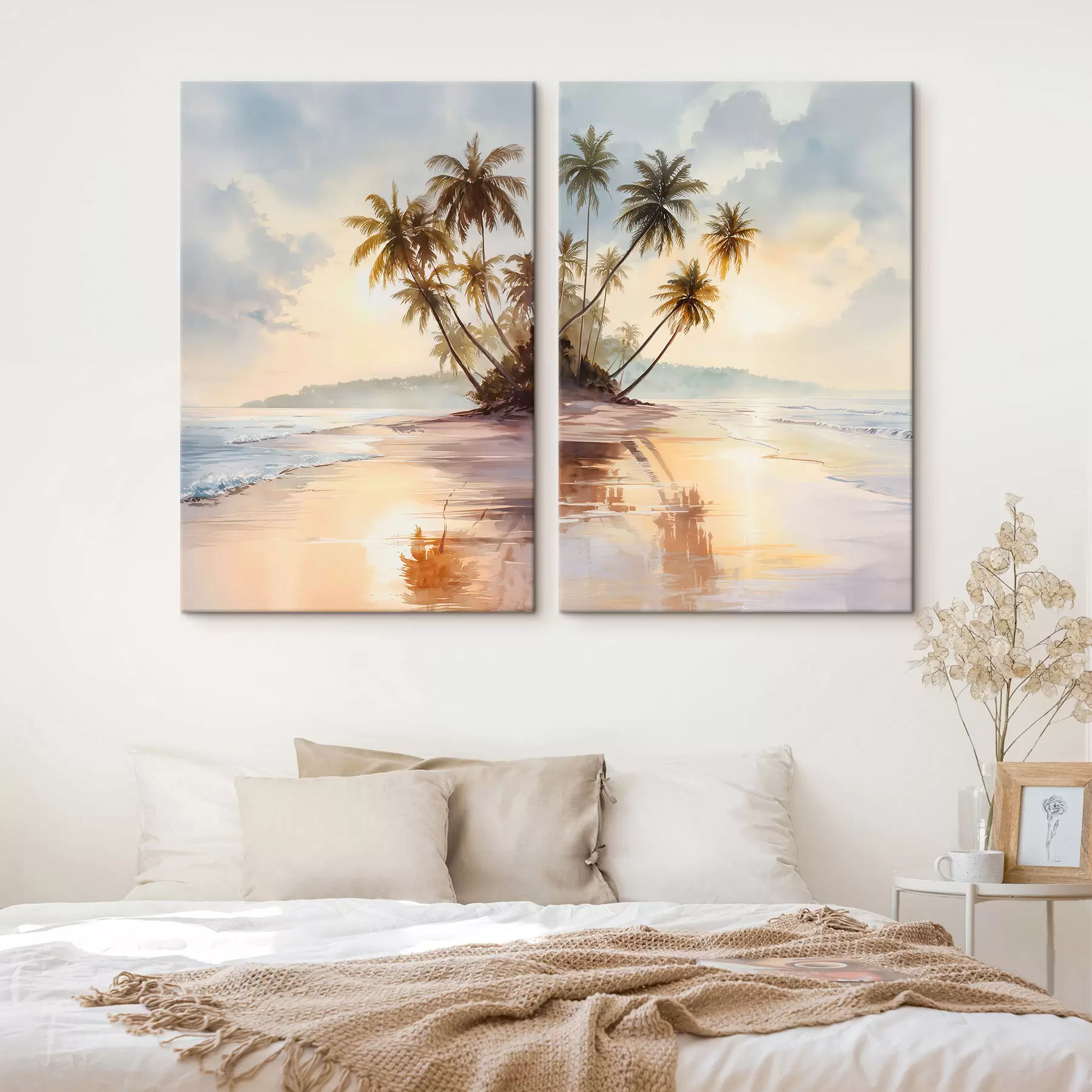 Wandbilder Sonnenuntergang am Strand einer Insel im Aquarellstil m01177