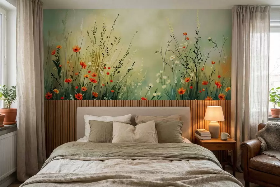 Fototapete Wiesenblumen und Gräser in sanftem, malerischem Stil w05015
