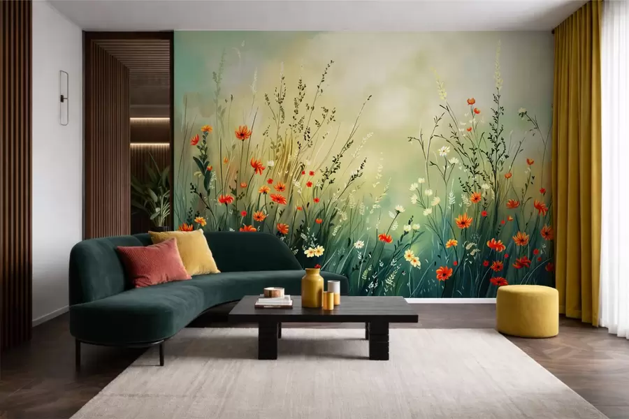 Fototapete Wiesenblumen und Gräser in sanftem, malerischem Stil w05015