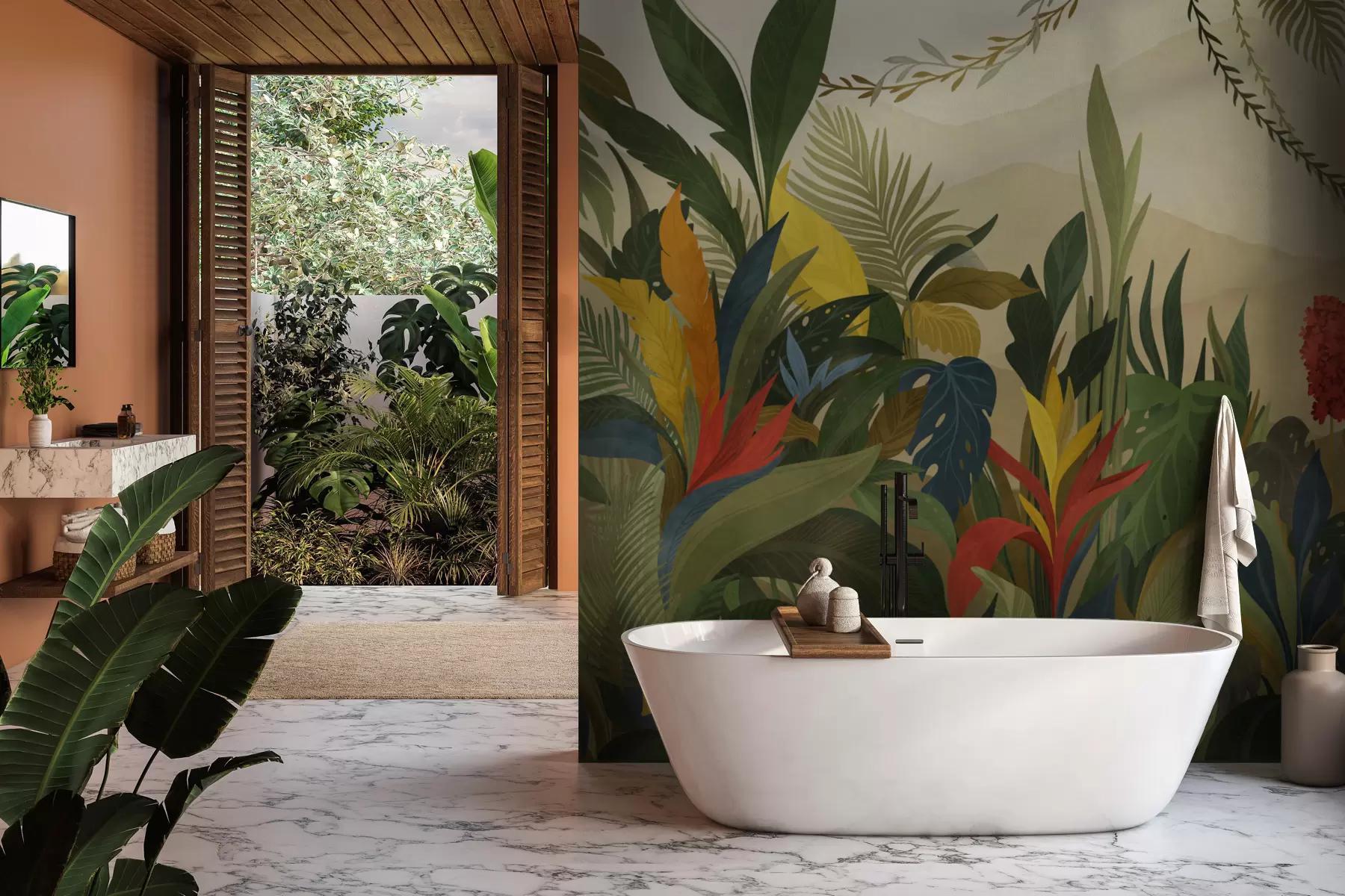 Fototapete Tropisches Laub mit großen Blättern und Blüten w05019