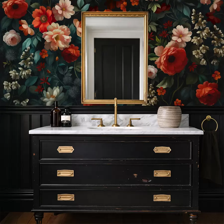 Fototapete Dunkles Blumenmuster mit üppigen Gartenblumen w05087