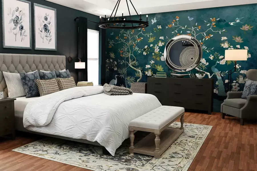 Fototapete Dekorative Szene mit Bäumen, Blumen und Vögeln auf dunklem Hintergrund w05004