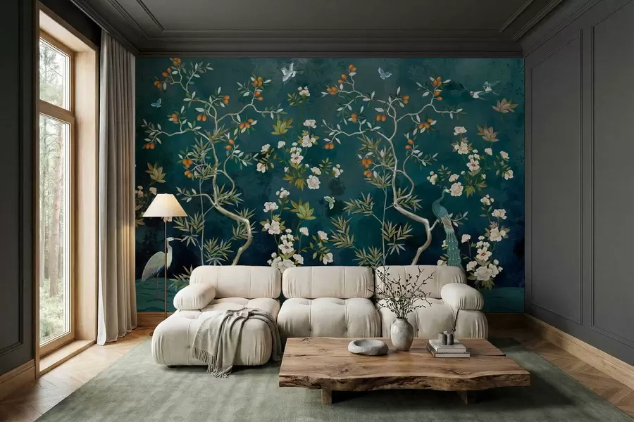 Fototapete Dekorative Szene mit Bäumen, Blumen und Vögeln auf dunklem Hintergrund w05004