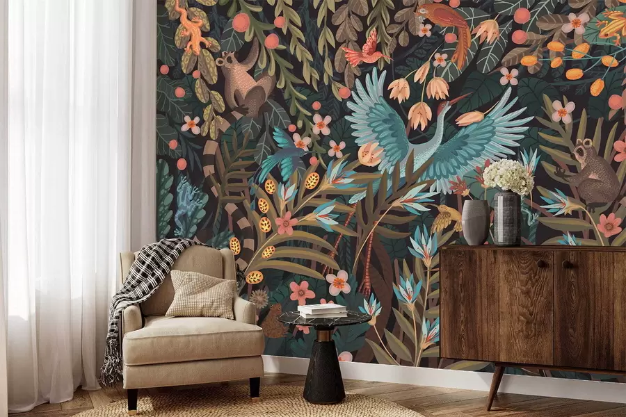 Fototapete Fantasievolle Szene mit Vögeln und Tieren inmitten von Pflanzen w05024