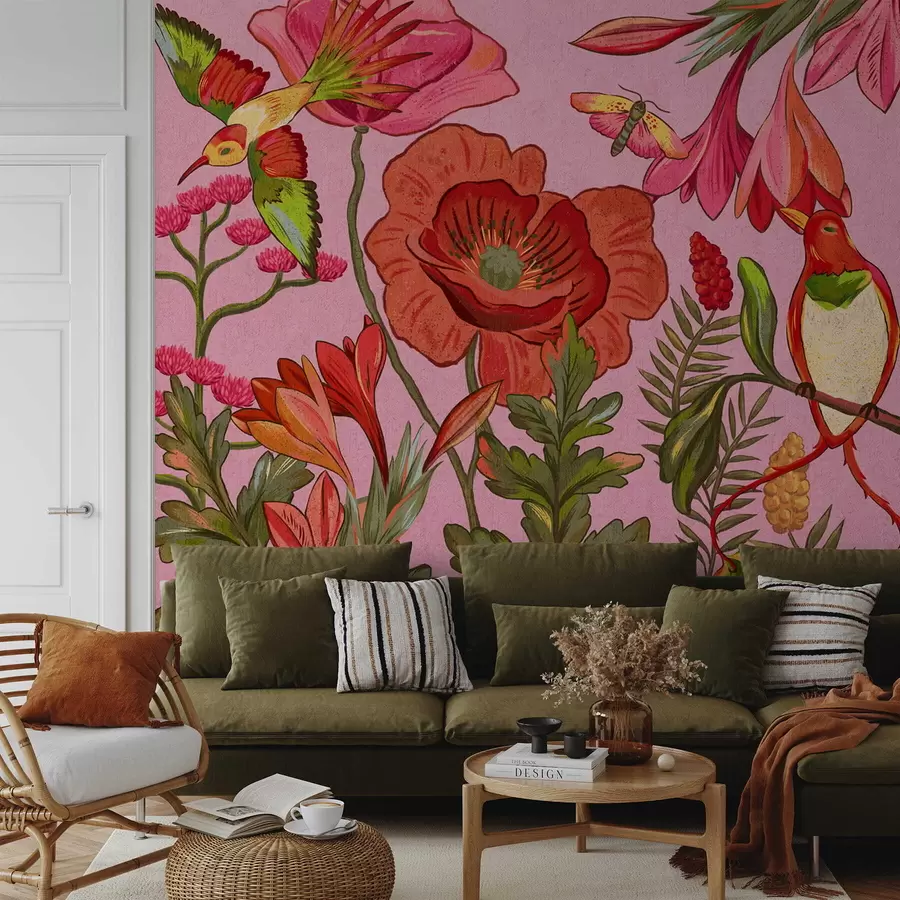 Fototapete Dekorative Blumen und Vögel auf rosa Hintergrund w05036v2