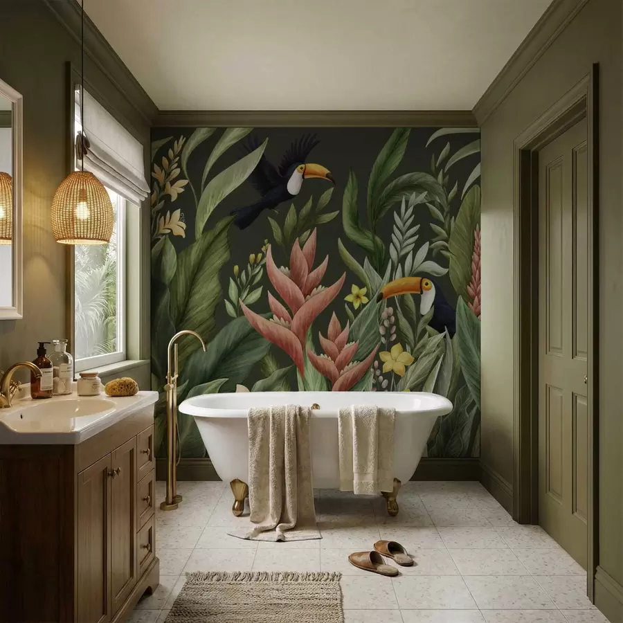 Fototapete Tropisches Laub und Vögel mit großen Schnäbeln vor dunklem Hintergrund w05088