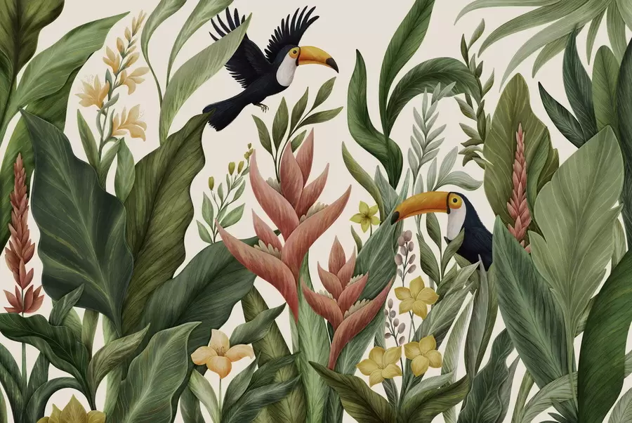 Fototapete Tropische Pflanzen und Vögel mit großen Schnäbeln vor hellem Hintergrund w05088v1