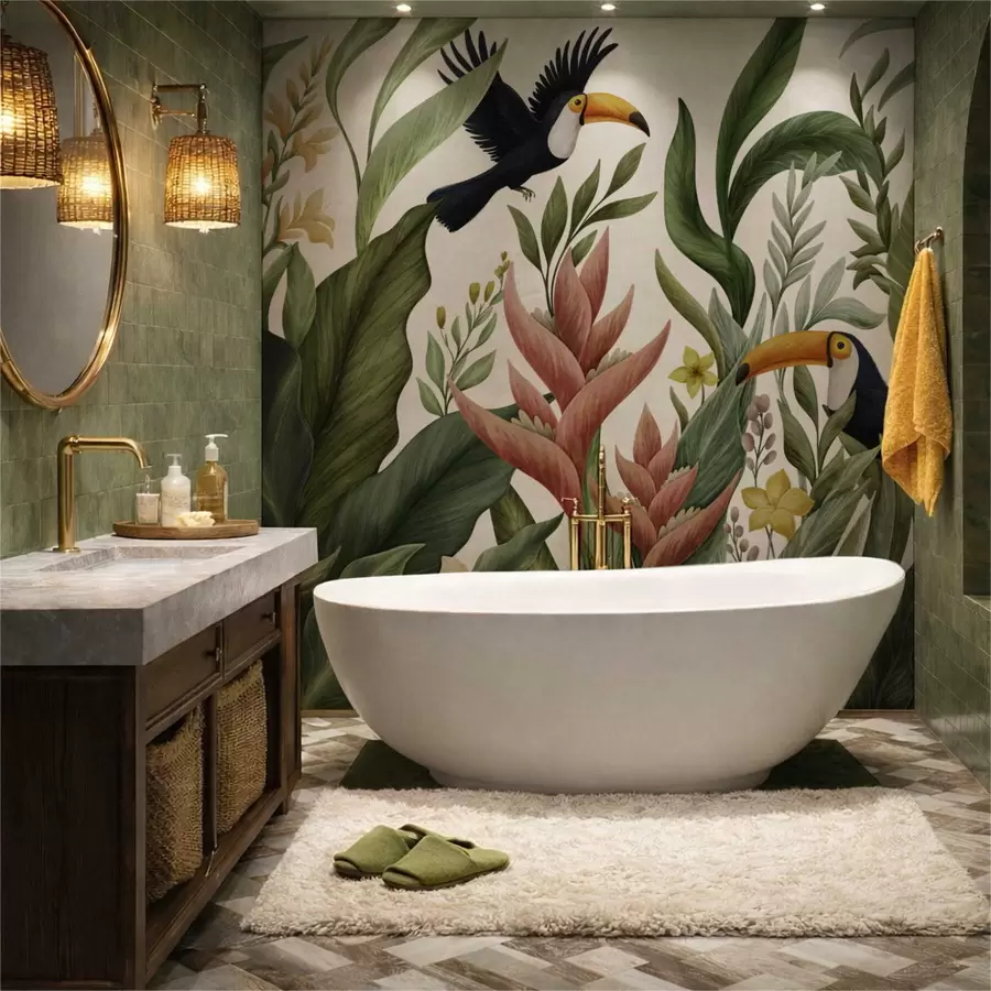 Fototapete Tropische Pflanzen und Vögel mit großen Schnäbeln vor hellem Hintergrund w05088v1