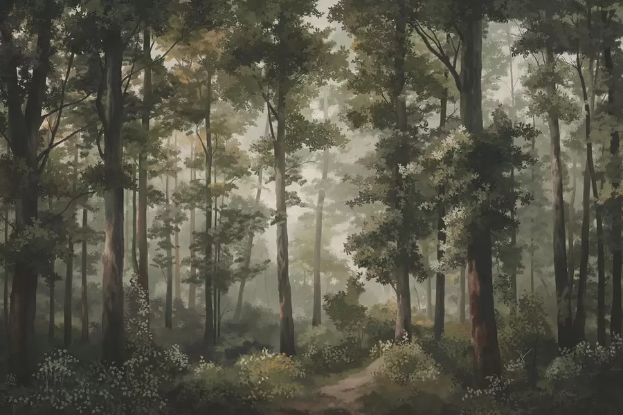 Fototapete Waldillustration mit Nebel, hohen Bäumen und einem Weg w05089