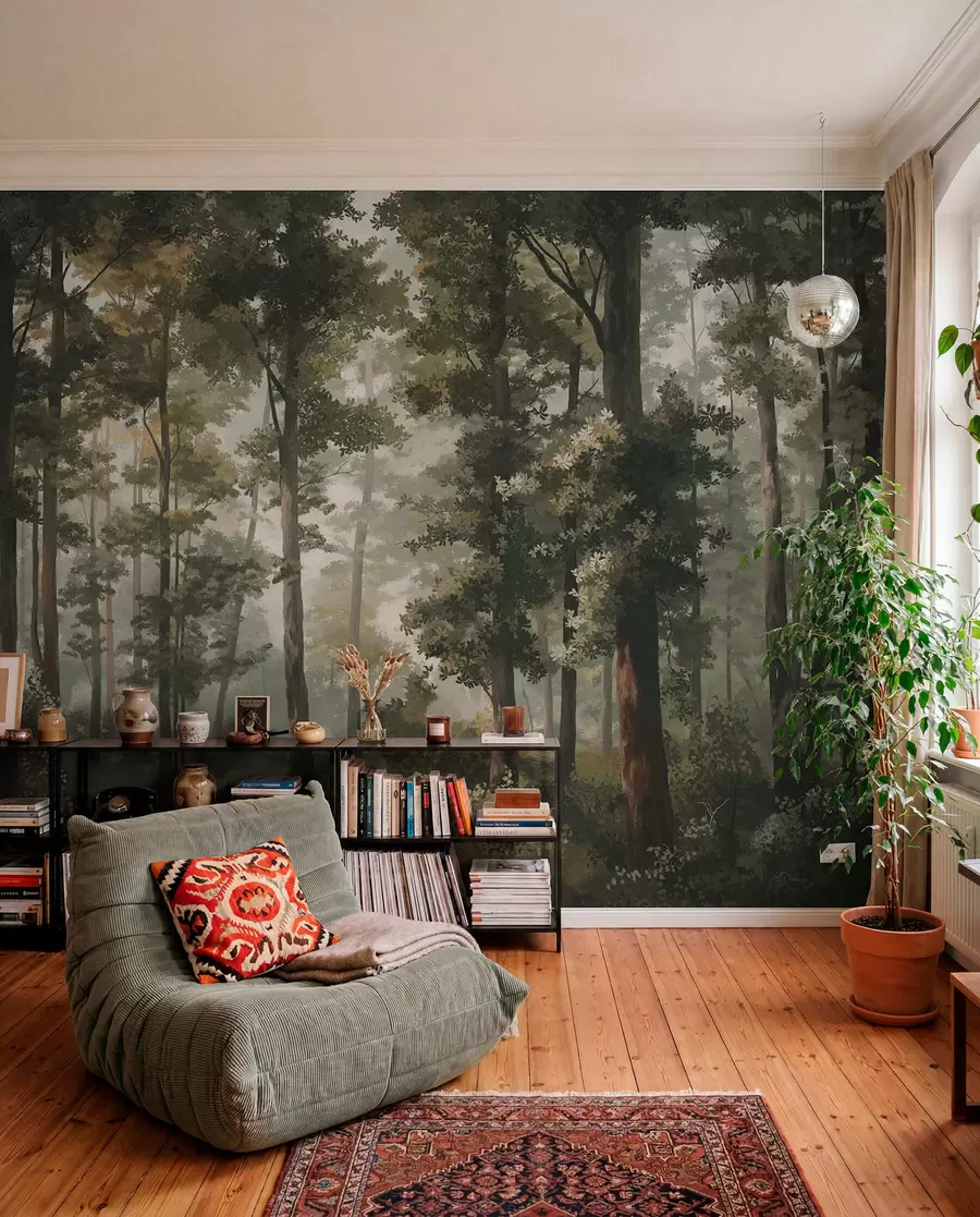 Fototapete Waldillustration mit Nebel, hohen Bäumen und einem Weg w05089