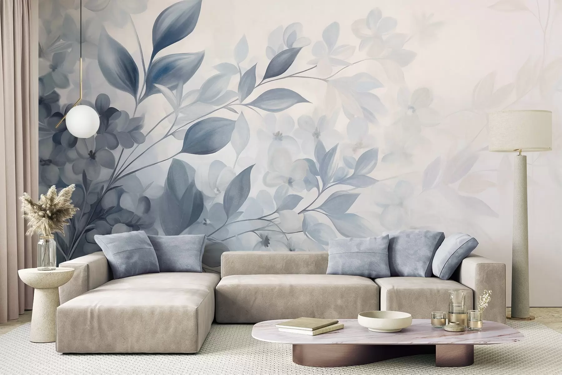 Fototapete Strukturierter blau-weißer Ast mit Blumen und Blättern, die in einen hellen Hintergrund im Aquarellstil übergehen. w09543