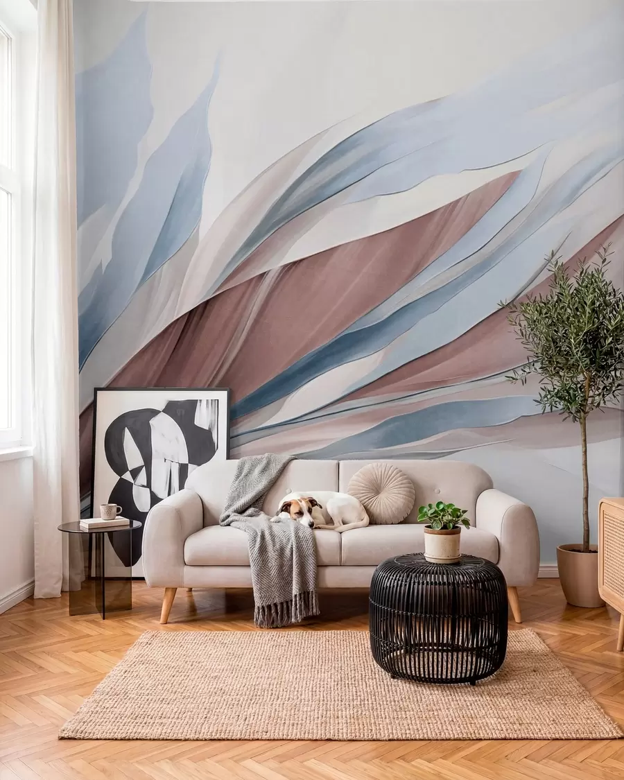 Fototapete Abstrakte, fließende Wellen in Blau und Braun mit dünnen Formen und Linien vor weißem Hintergrund, strukturierte Kunst w09585v1