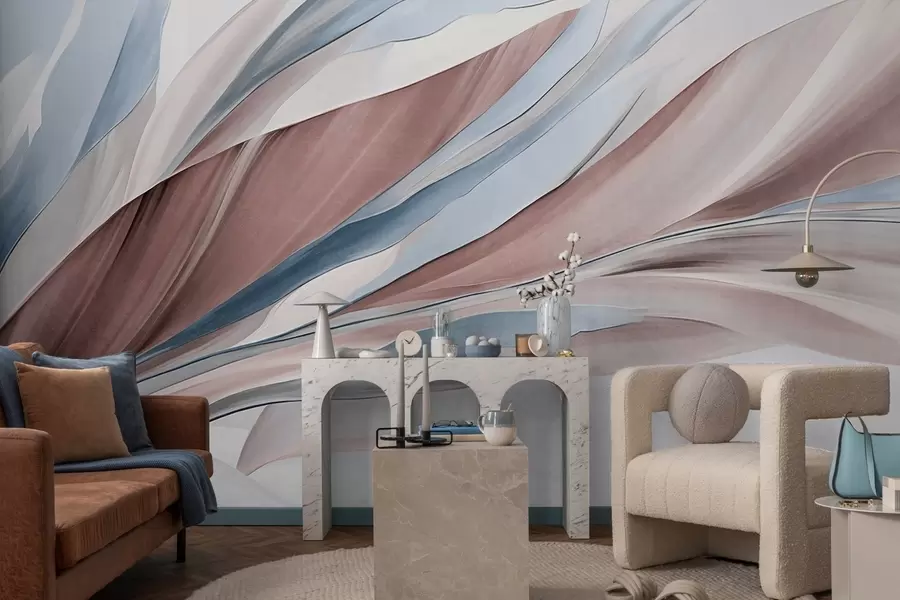 Fototapete Abstrakte, fließende Wellen in Blau und Braun mit dünnen Formen und Linien vor weißem Hintergrund, strukturierte Kunst w09585v1