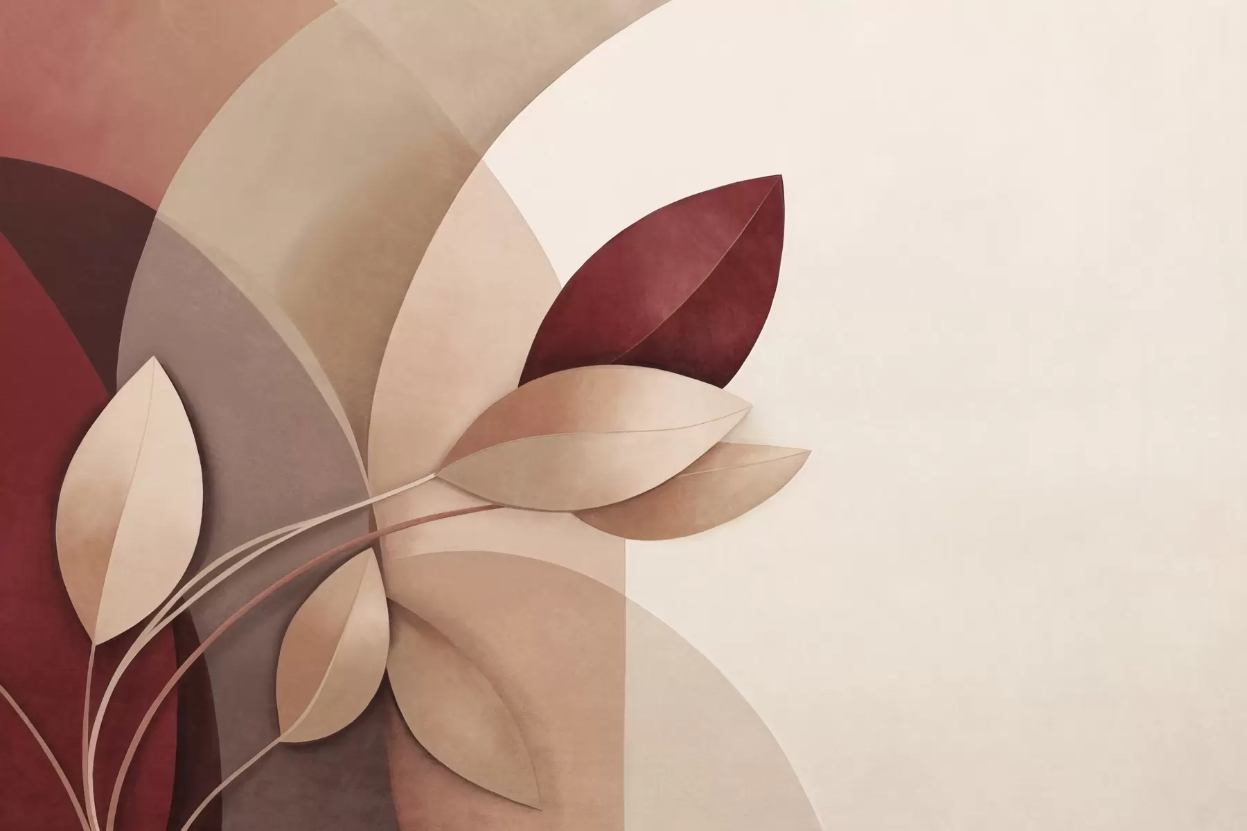 Fototapete Abstrakter, strukturierter Ast mit Blättern in Braun-, Beige- und Rottönen vor einem Hintergrund aus abstrakten Formen w09618