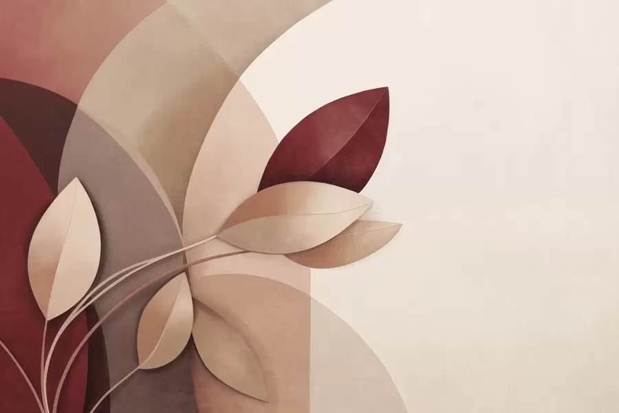 Fototapete Abstrakter, strukturierter Ast mit Blättern in Braun-, Beige- und Rottönen vor einem Hintergrund aus abstrakten Formen w09618