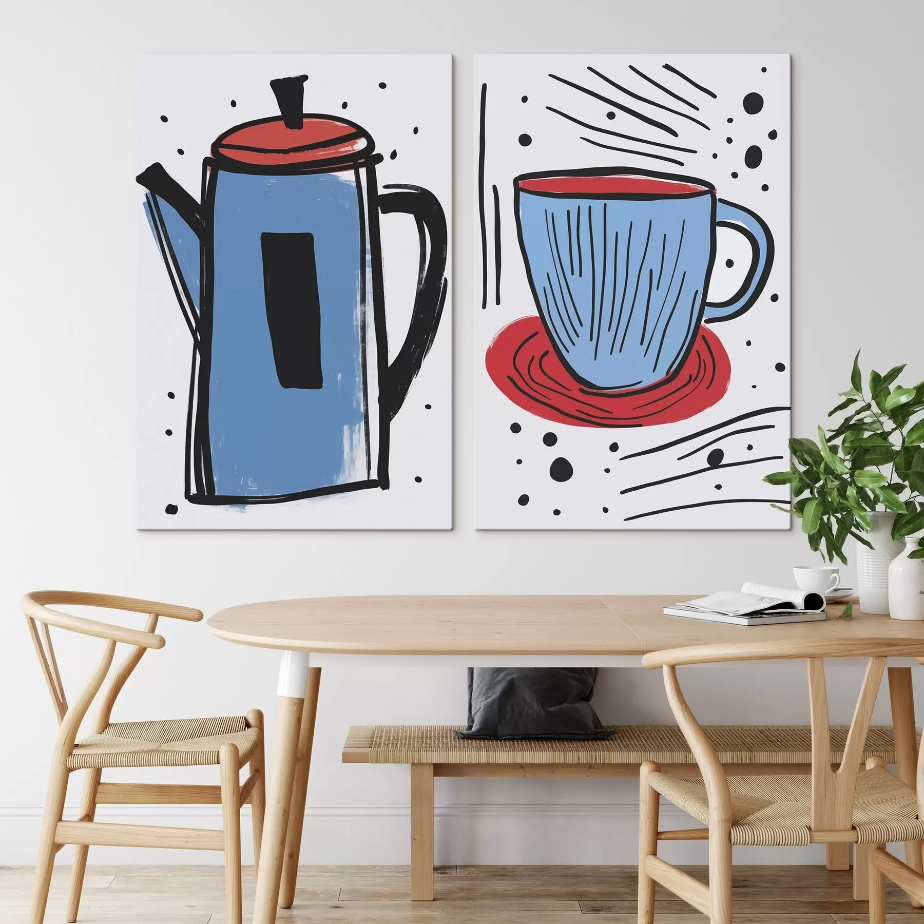 Wandbilder Kaffeekanne und Tasse, Nachahmung einer primitiven Zeichnung m01225