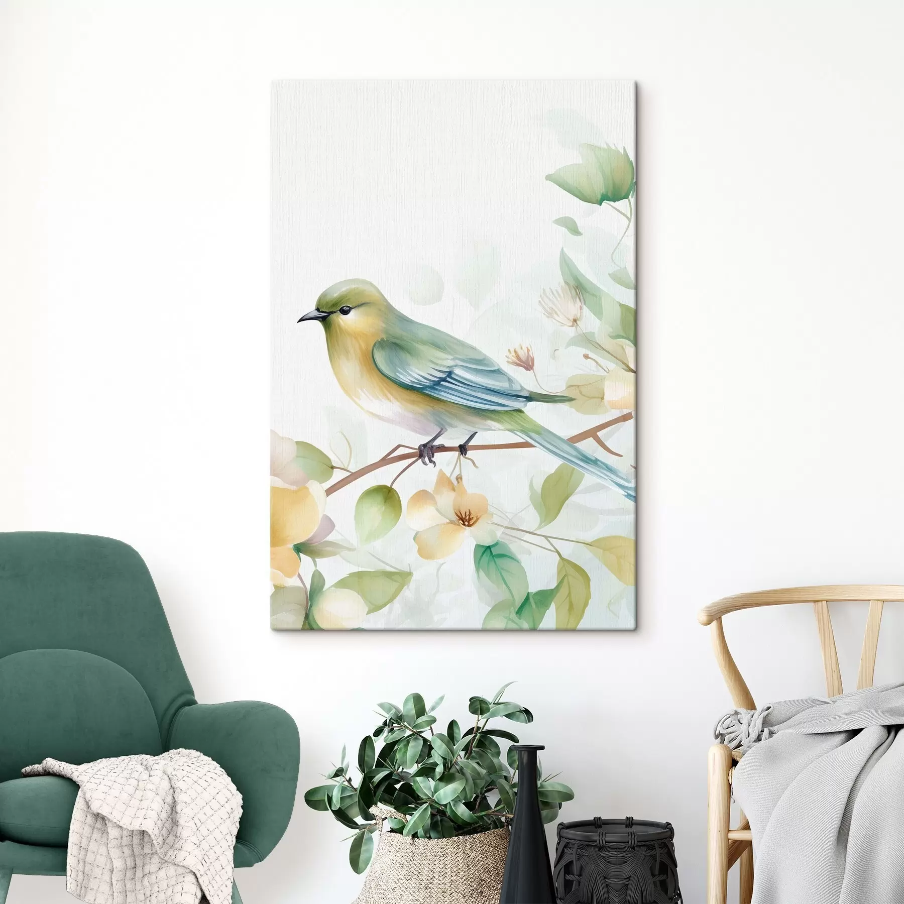Wandbilder Meise auf einem Ast, Aquarellimitation s46892