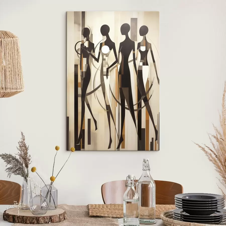 Wandbilder Stilisierte weibliche Figuren mit geometrischen Elementen vor einem abstrakten Hintergrund aus vertikalen Linien s47423