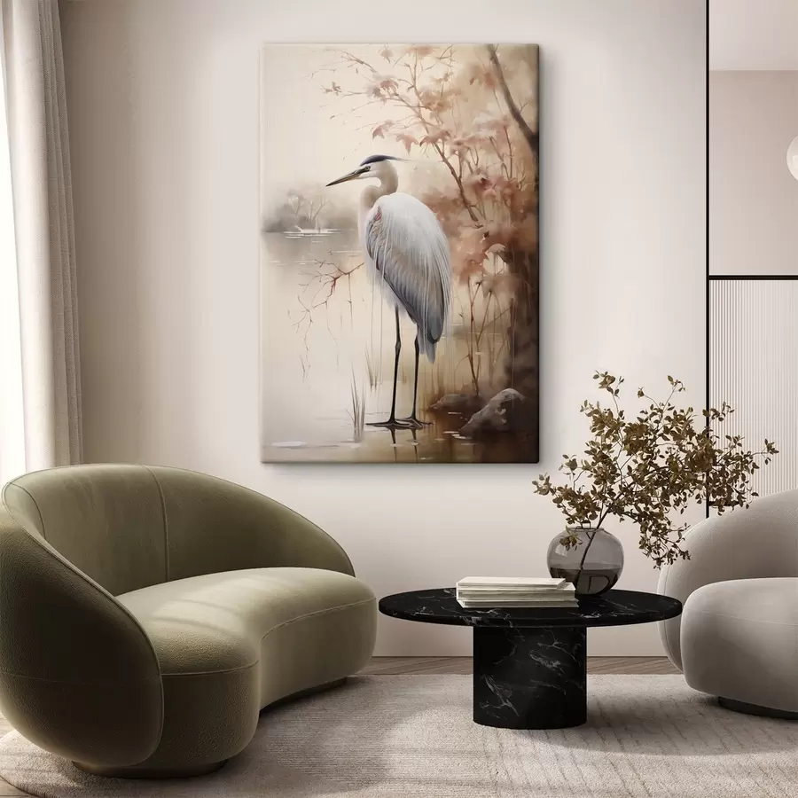 Wandbilder Ein Reiher steht auf einem Felsen in einem See, im Hintergrund hohe Gräser und Bäume. s47427