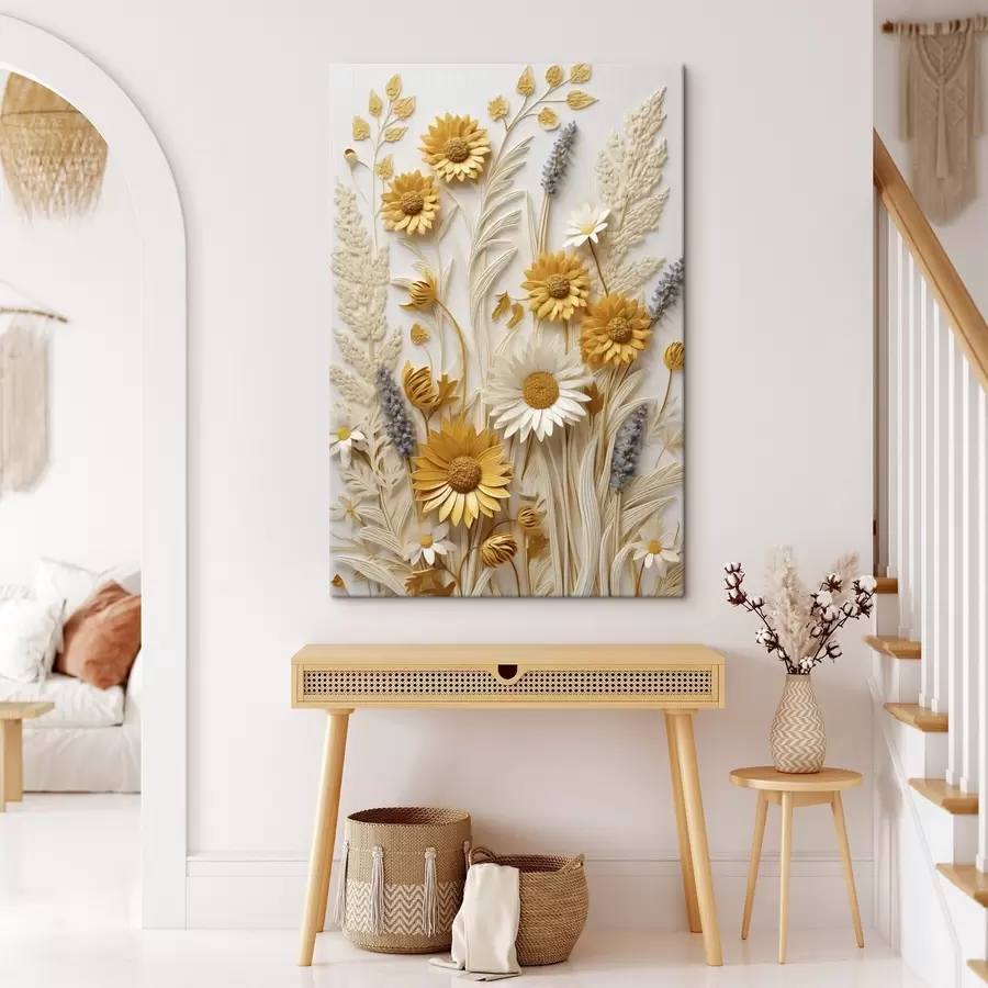 Wandbilder Eine strukturierte Kollektion aus gelben und weißen Gänseblümchen mit getrockneten Gräsern und Lavendelzweigen auf weißem Hintergrund. s47430