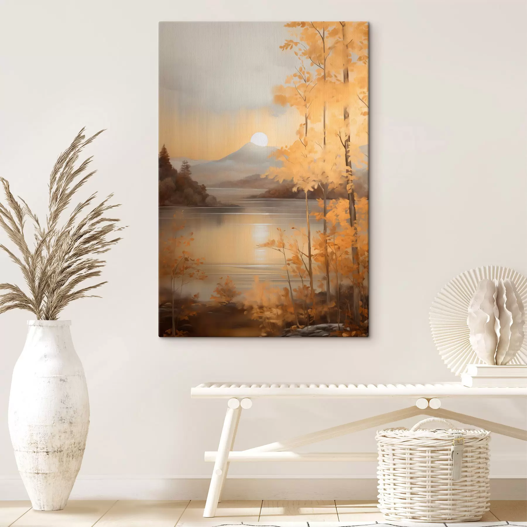 Wandbilder Herbstliche Bäume mit orangefarbenen Blättern umrahmen einen ruhigen See mit fernen Bergen unter einem bewölkten Himmel. s47440