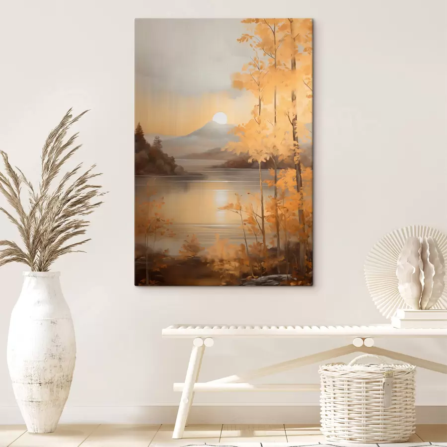 Wandbilder Herbstliche Bäume mit orangefarbenen Blättern umrahmen einen ruhigen See mit fernen Bergen unter einem bewölkten Himmel. s47440