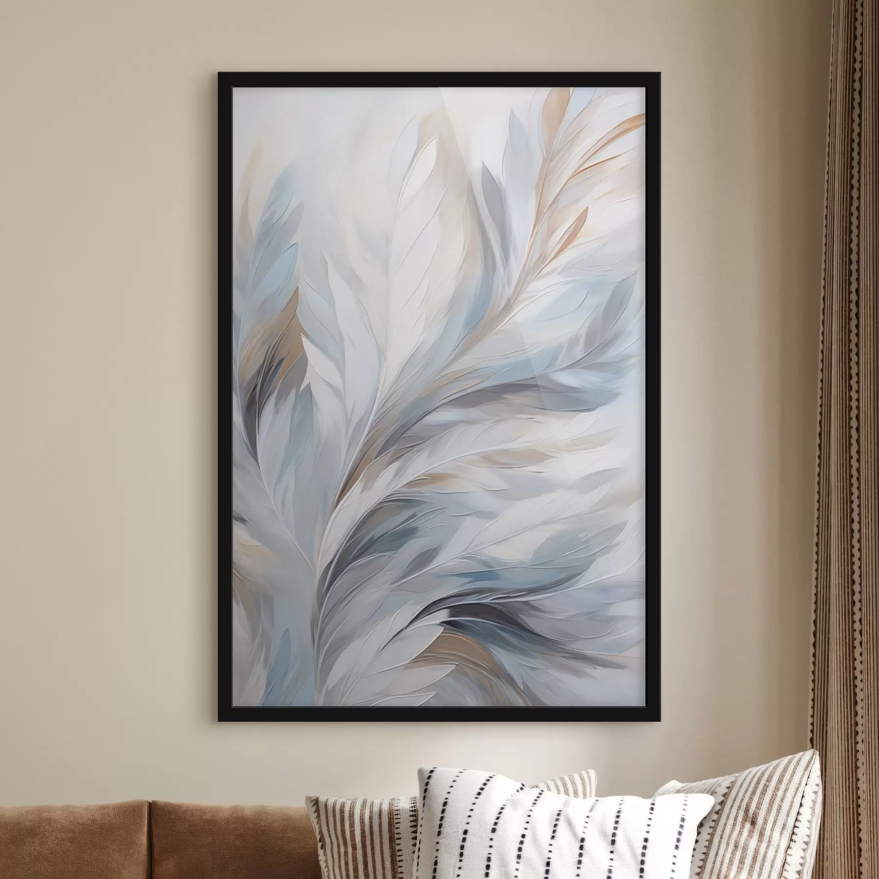 Fototapete Zarte hellblaue und braune Federn mit einer weichen, ätherischen Textur vor einem weißen Hintergrund f47416