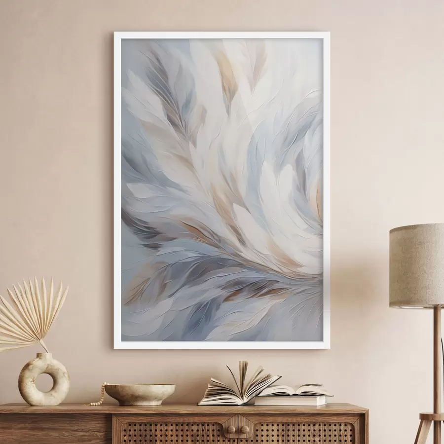 Fototapete Abstrakte Malerei von Federn in Weiß-, Blau- und Brauntönen, mit einer weichen, fließenden Textur und einem hellen Hintergrund f47417