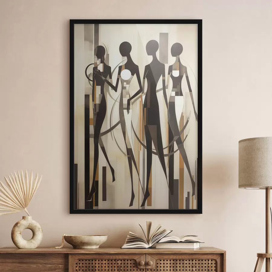 Fototapete Stilisierte weibliche Figuren mit geometrischen Elementen vor einem abstrakten Hintergrund aus vertikalen Linien f47423