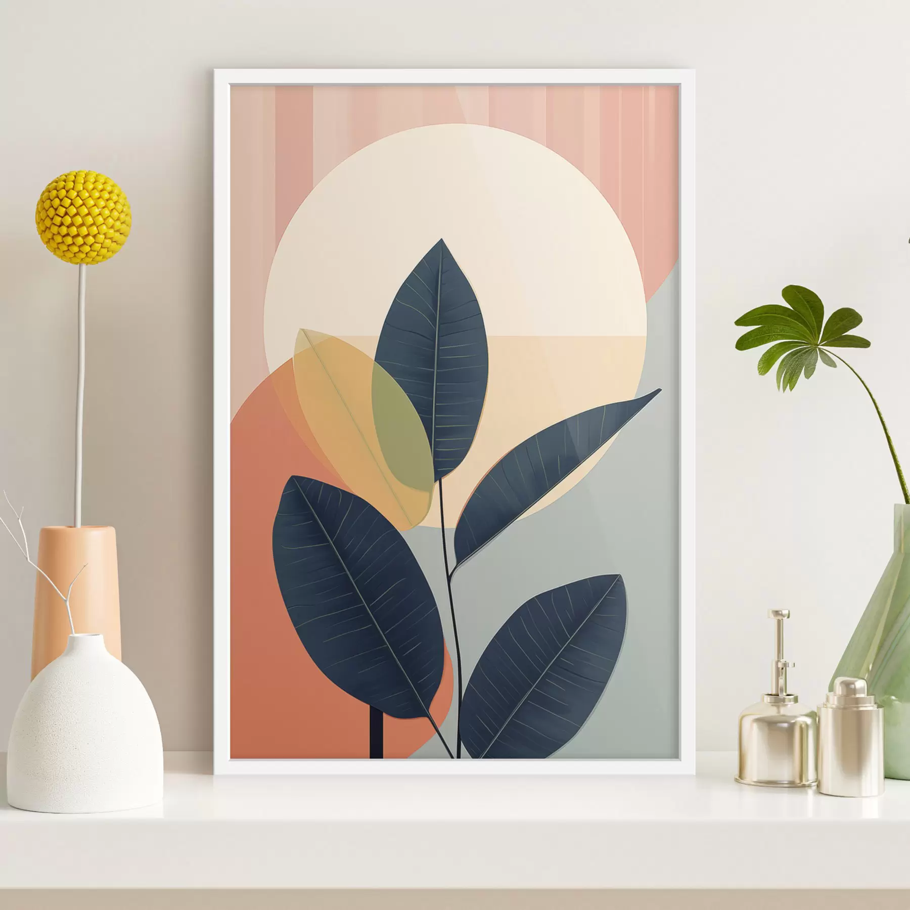 Fototapete Dunkle Blätter vor einem Hintergrund aus abstrakten Formen in Pfirsich und Grau mit einem großen, hellgelben Kreis f47424