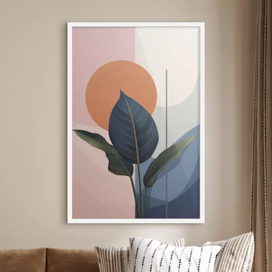 Fototapete Dunkle Blätter vor einem Hintergrund aus abstrakten Formen in Pfirsich und Grau mit orangefarbenem Kreis f47425