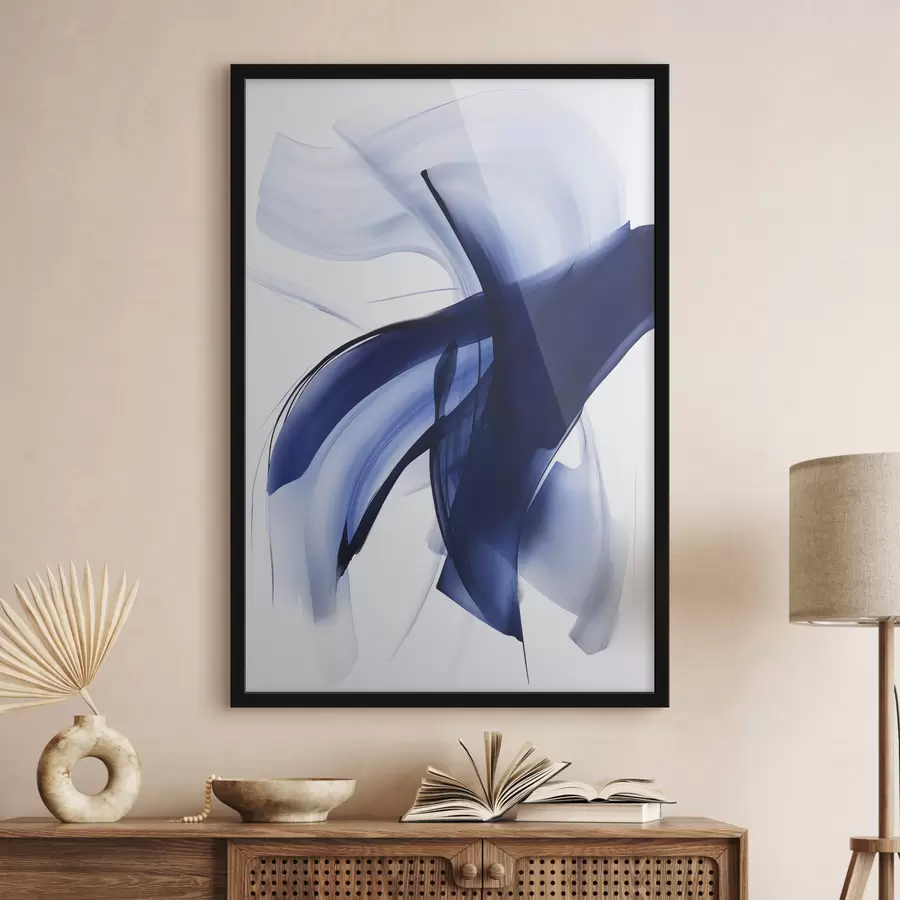 Fototapete Abstrakte blaue, pinselstrichartige Formen mit fließenden Linien und Kurven vor weißem Hintergrund, moderne Kunst f47429