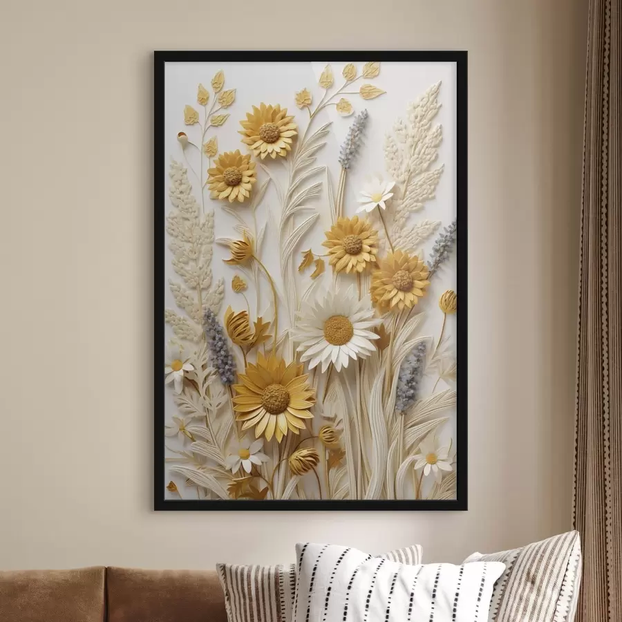 Fototapete Eine strukturierte Kollektion aus gelben und weißen Gänseblümchen mit getrockneten Gräsern und Lavendelzweigen auf weißem Hintergrund. f47430