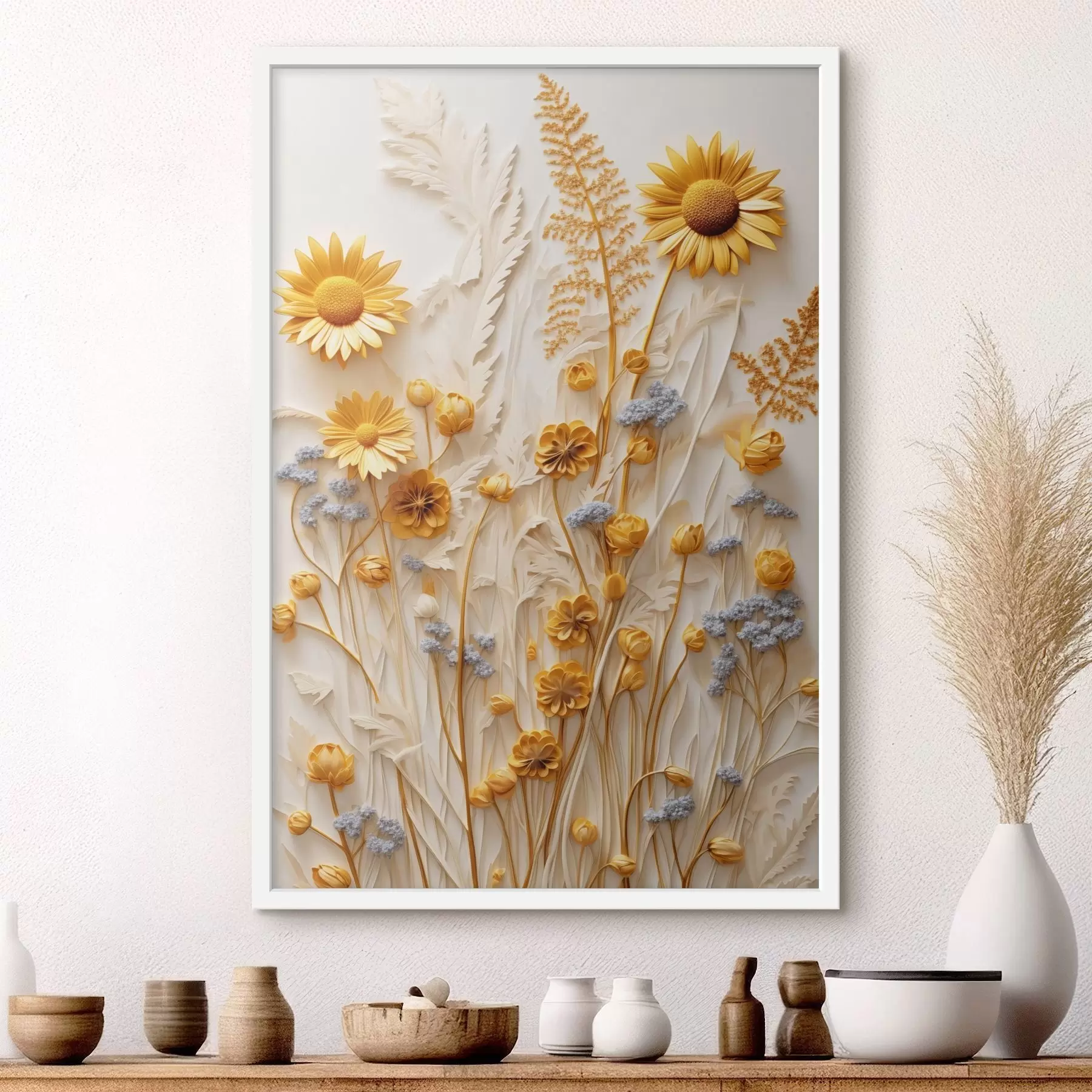 Fototapete Eine strukturierte Kollektion aus gelben und weißen Gänseblümchen mit getrockneten Gräsern und Lavendelzweigen auf weißem Hintergrund. f47431