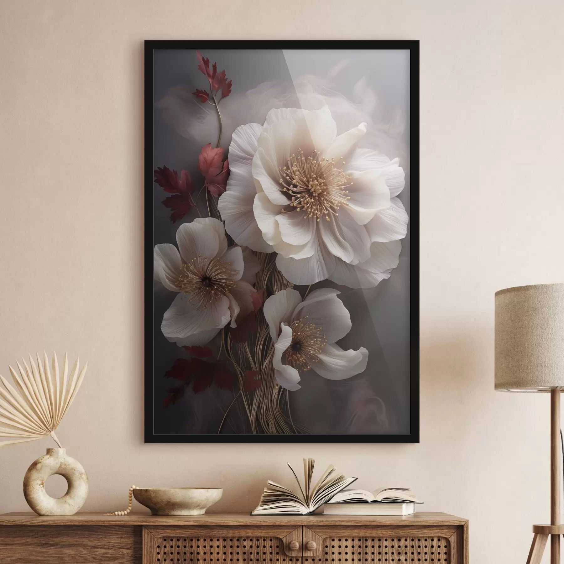 Fototapete Zarte Pfingstrosen mit dünnen, zarten Blütenblättern, umgeben von dunkelroten Blättern vor einem abstrakten Hintergrund f47434