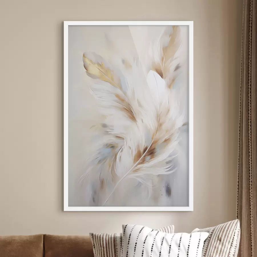 Fototapete Große, weiche Federn in einer Mischung aus Weiß-, Gelb- und Brauntönen vor einem hellen, abstrakten Hintergrund f47442