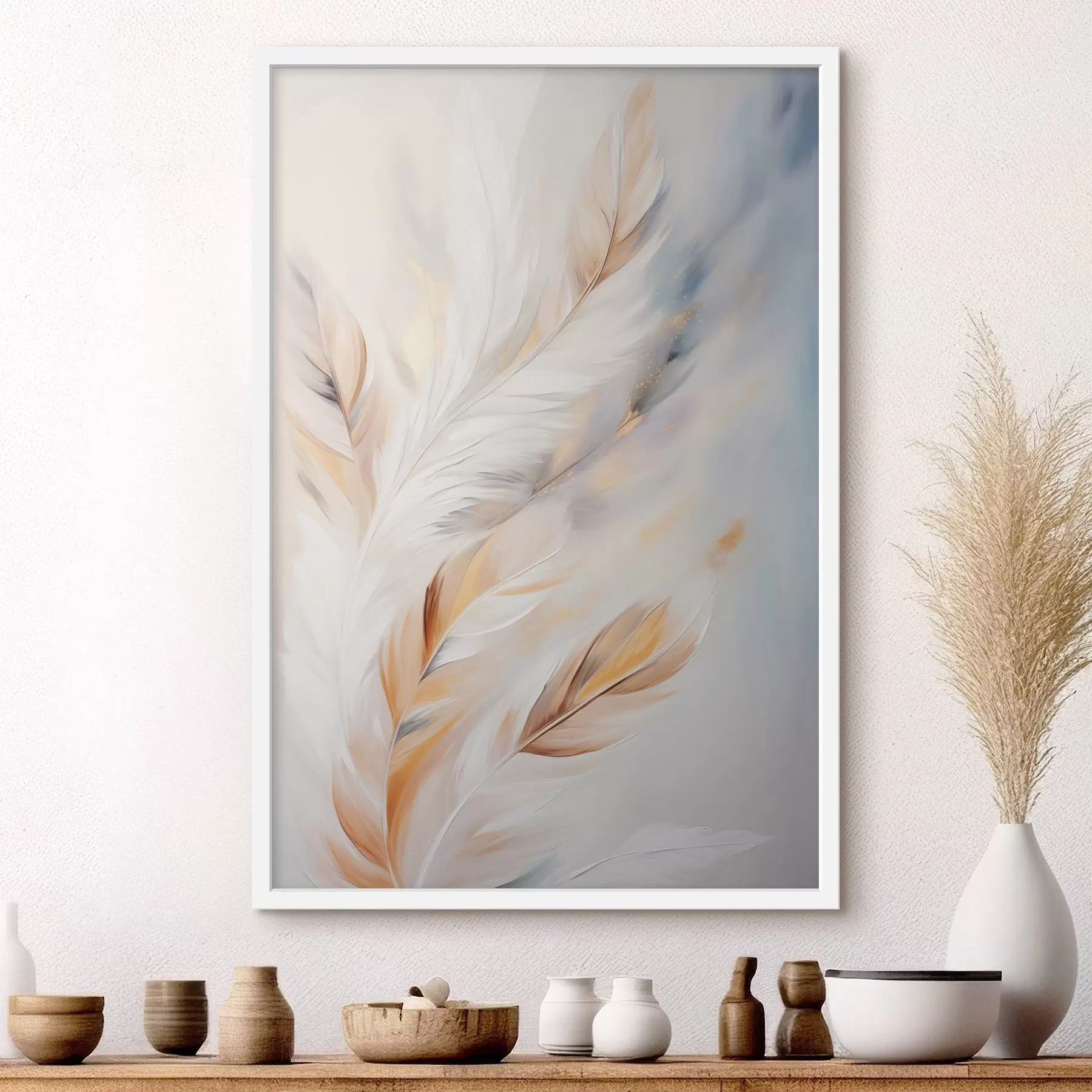 Fototapete Große, weiche Federn in einer Mischung aus Weiß-, Gelb- und Brauntönen vor einem hellen, abstrakten Hintergrund f47443
