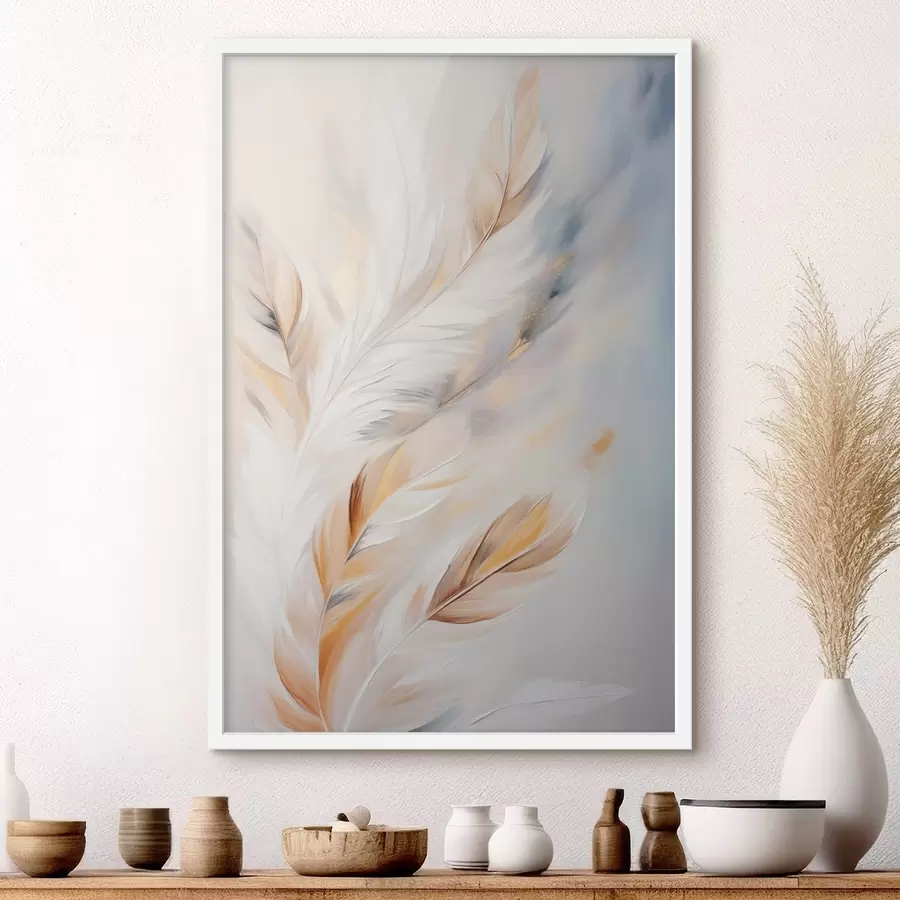Fototapete Große, weiche Federn in einer Mischung aus Weiß-, Gelb- und Brauntönen vor einem hellen, abstrakten Hintergrund f47443