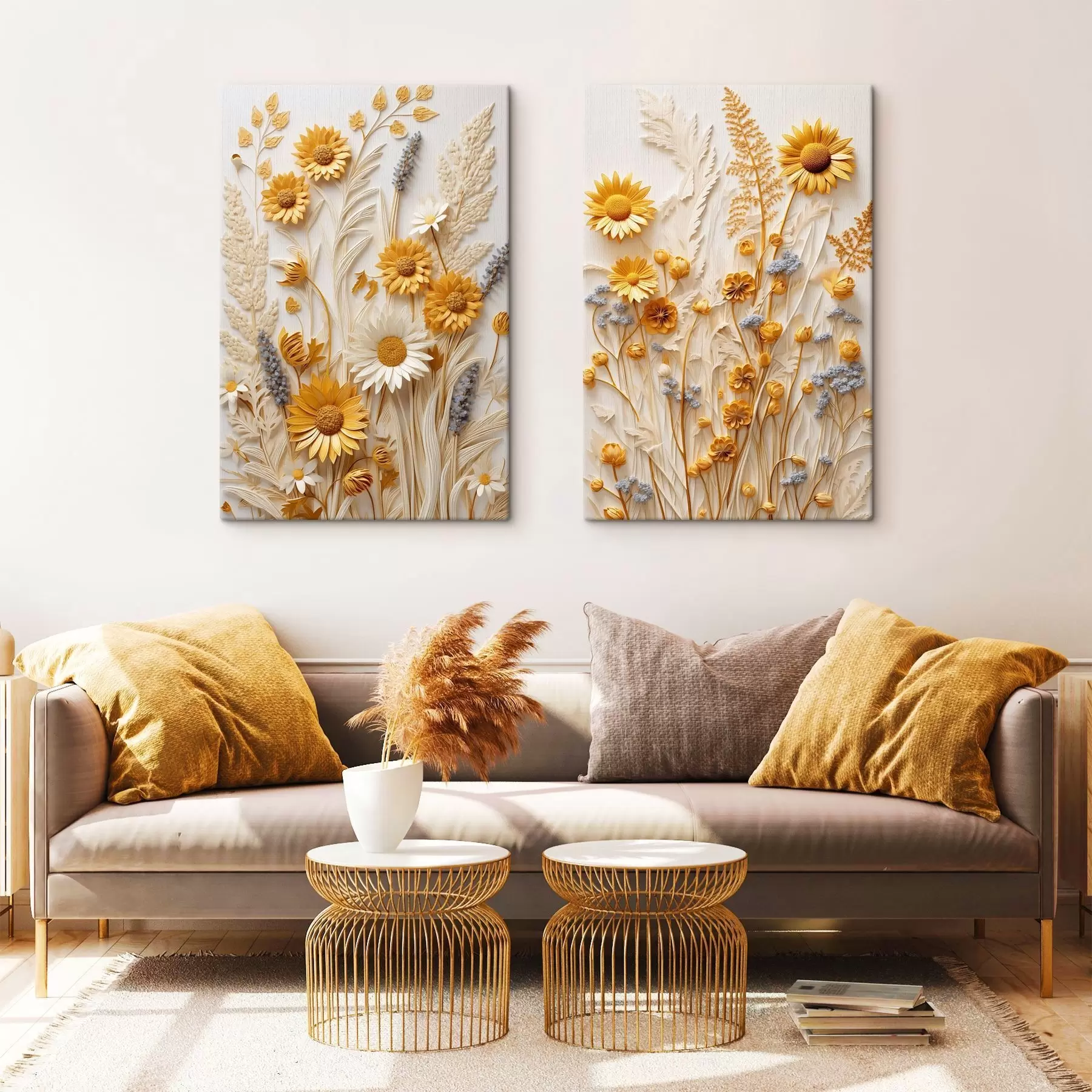 Wandbilder Eine strukturierte Kollektion aus gelben und weißen Gänseblümchen mit getrockneten Gräsern und Lavendelzweigen auf weißem Hintergrund. m01241