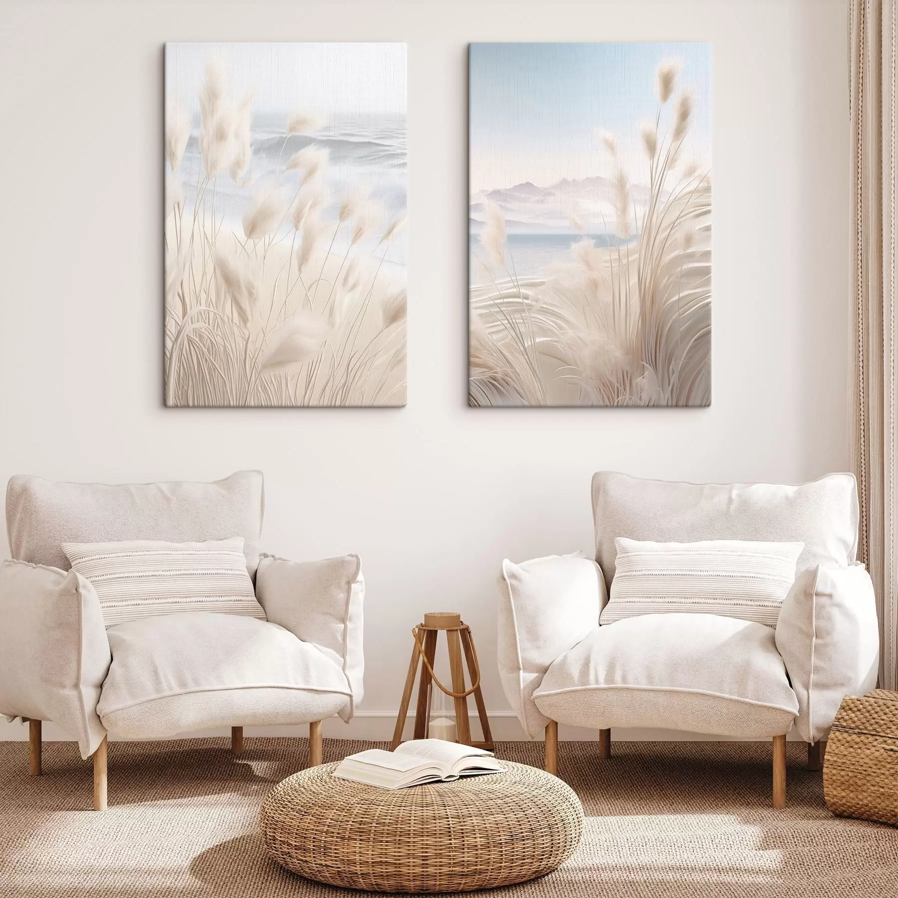 Wandbilder Hohes, federartiges Pampasgras in sanften Beigetönen im Vordergrund, mit einem Sandstrand im Hintergrund m01242