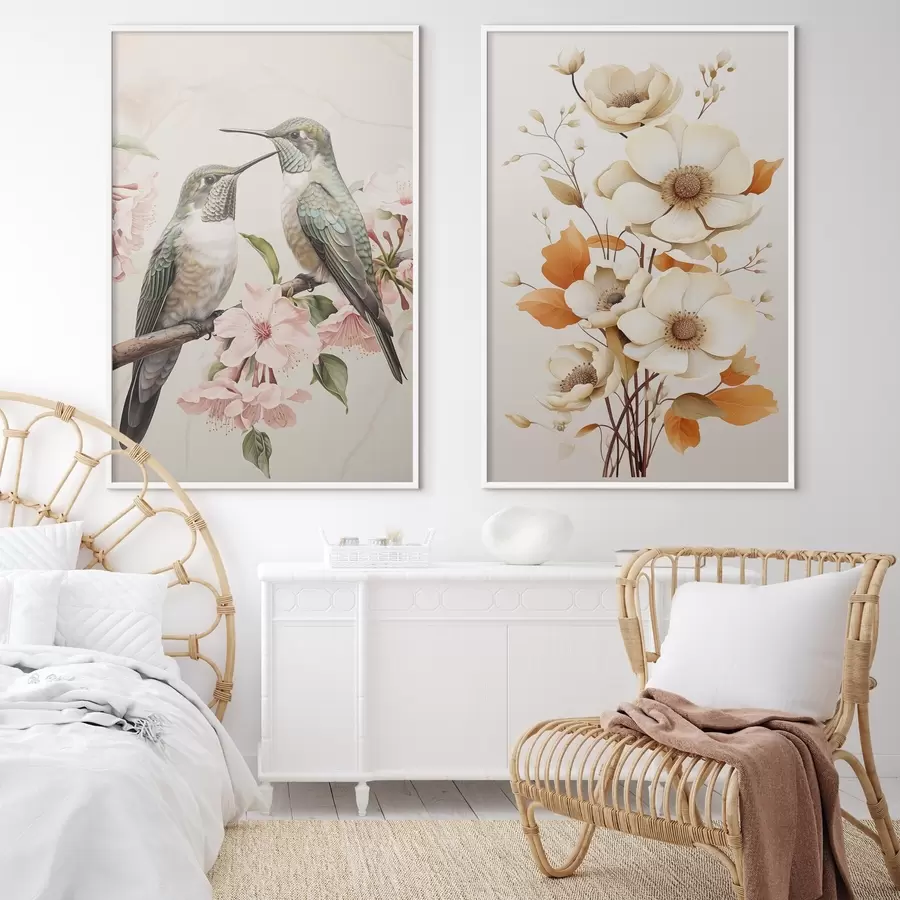 Fototapete Blumen und Vögel auf Zweigen d00560