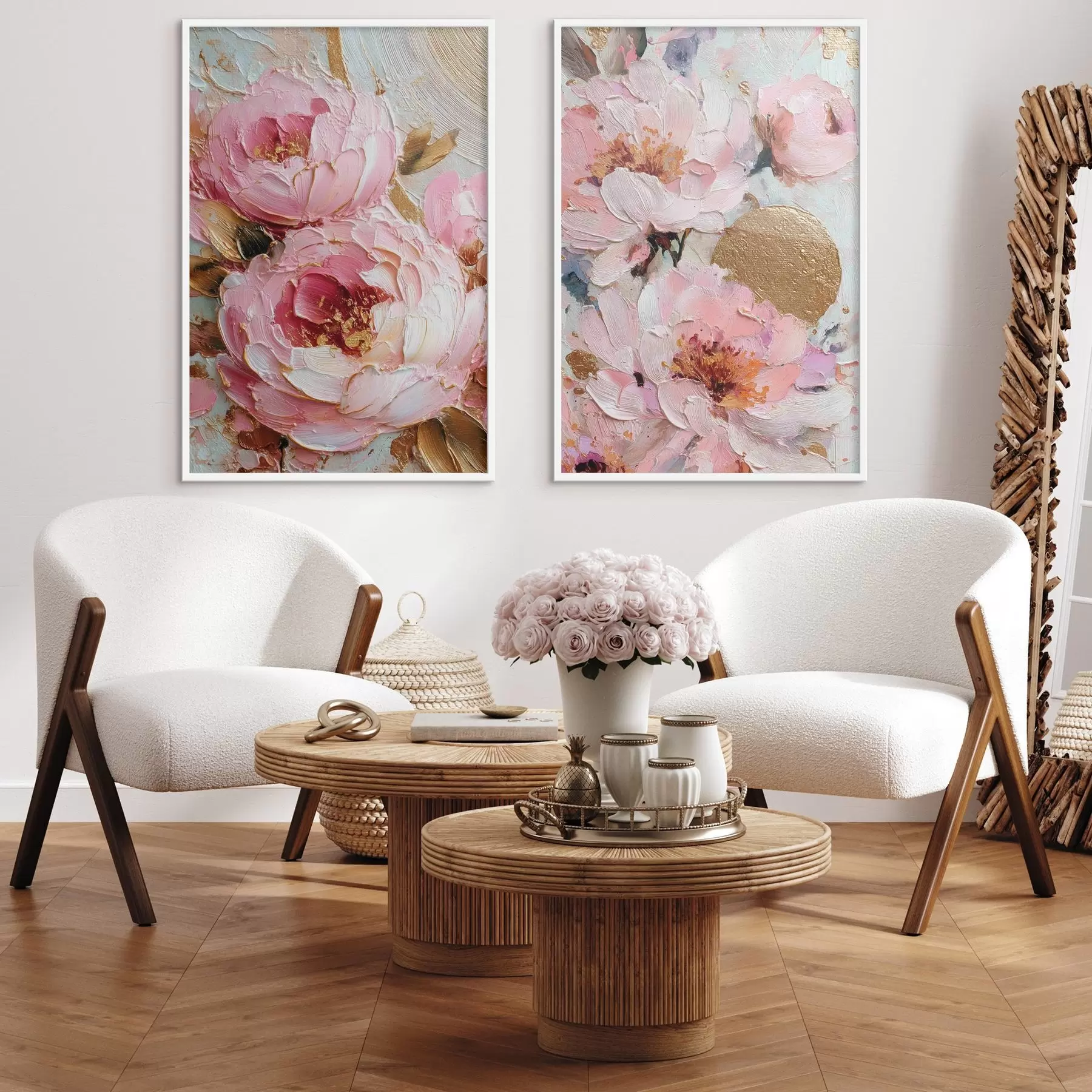 Fototapete Volumetrische Impasto-Malerei mit rosa Pfingstrosen und strukturierten Details d00573