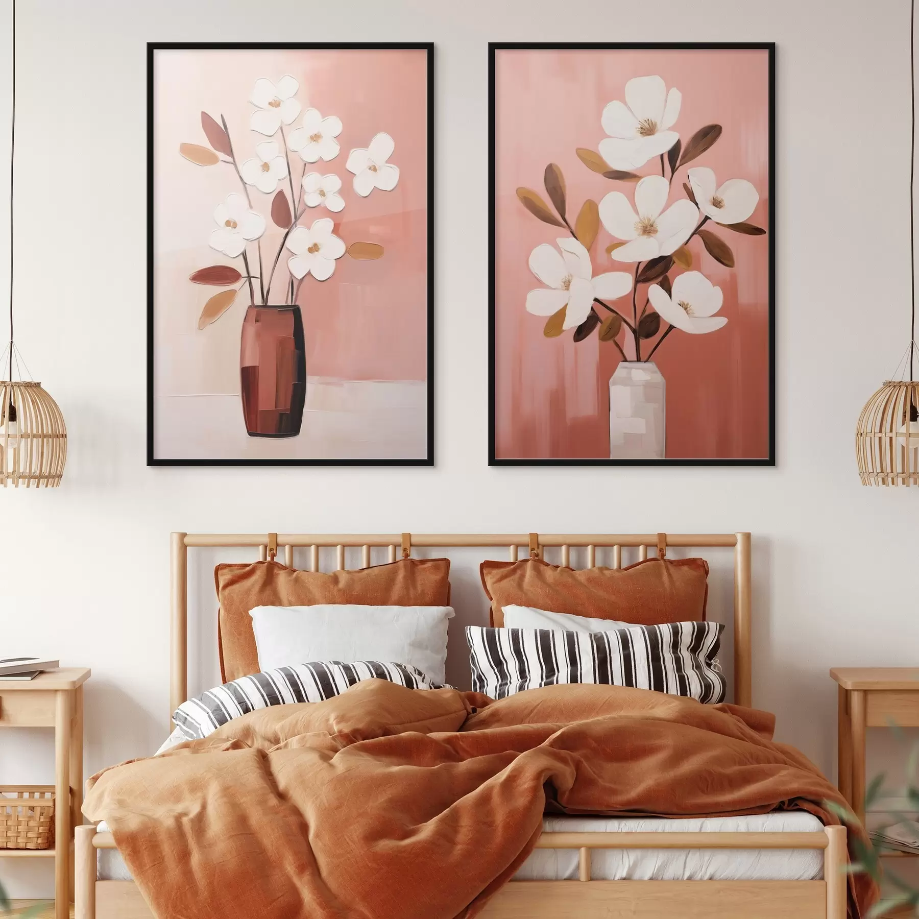 Fototapete Komposition mit kontrastierenden Vasen und strukturierten weißen Blumen d00575