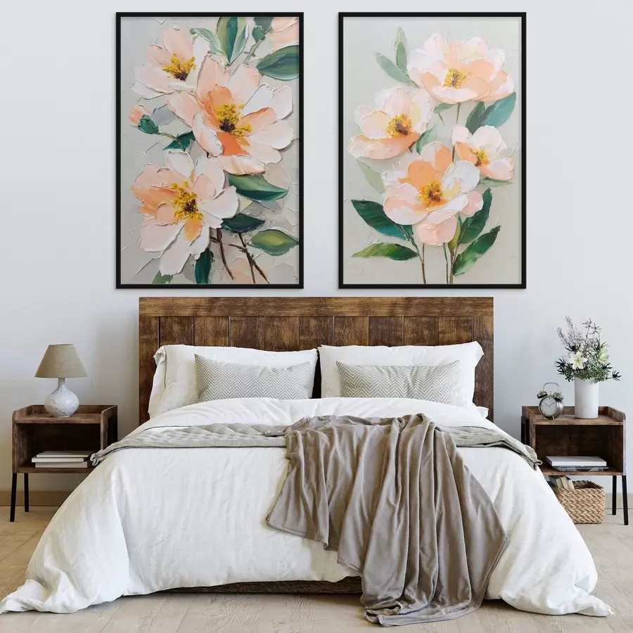 Fototapete Impasto-Malerei, die einen großen Blumenstrauß und einzelne Blumen kombiniert d00579