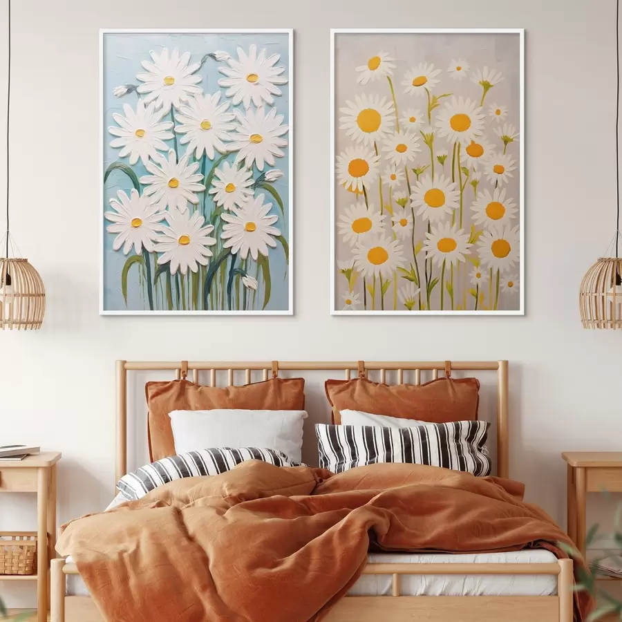 Fototapete Frühlingsfrische: Diptychon mit voluminösen Gänseblümchen im Impasto-Stil d00633