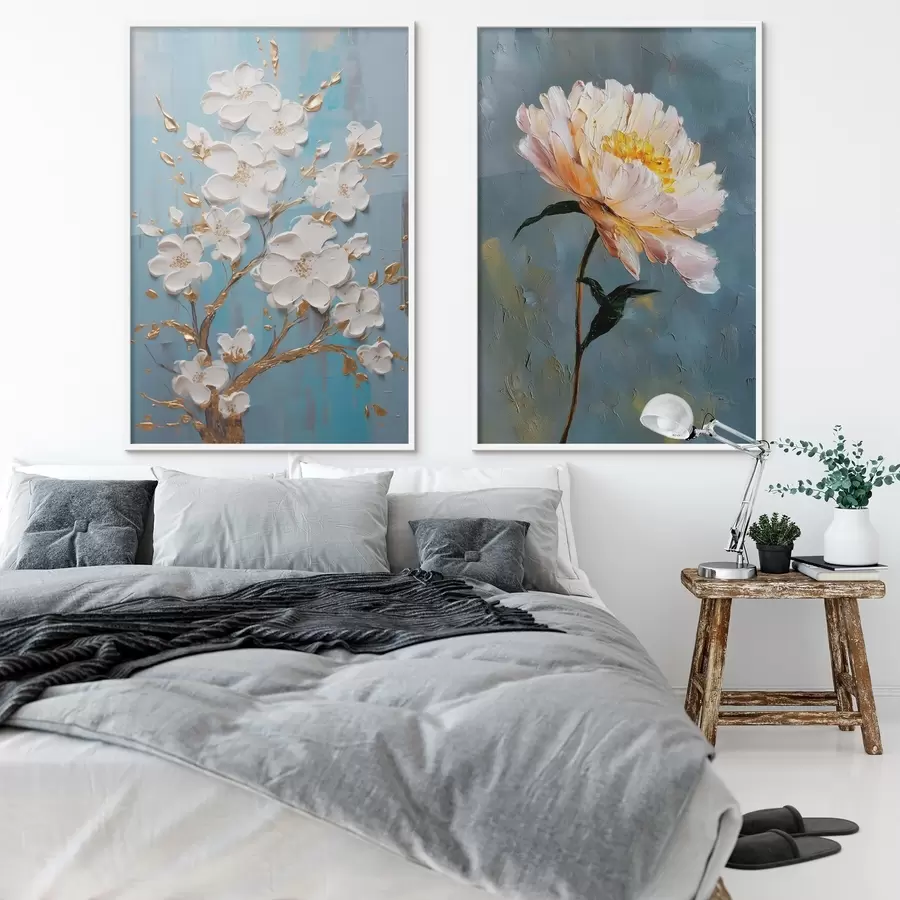 Fototapete Blühender Zweig und Pfingstrose: Reliefkomposition d00637