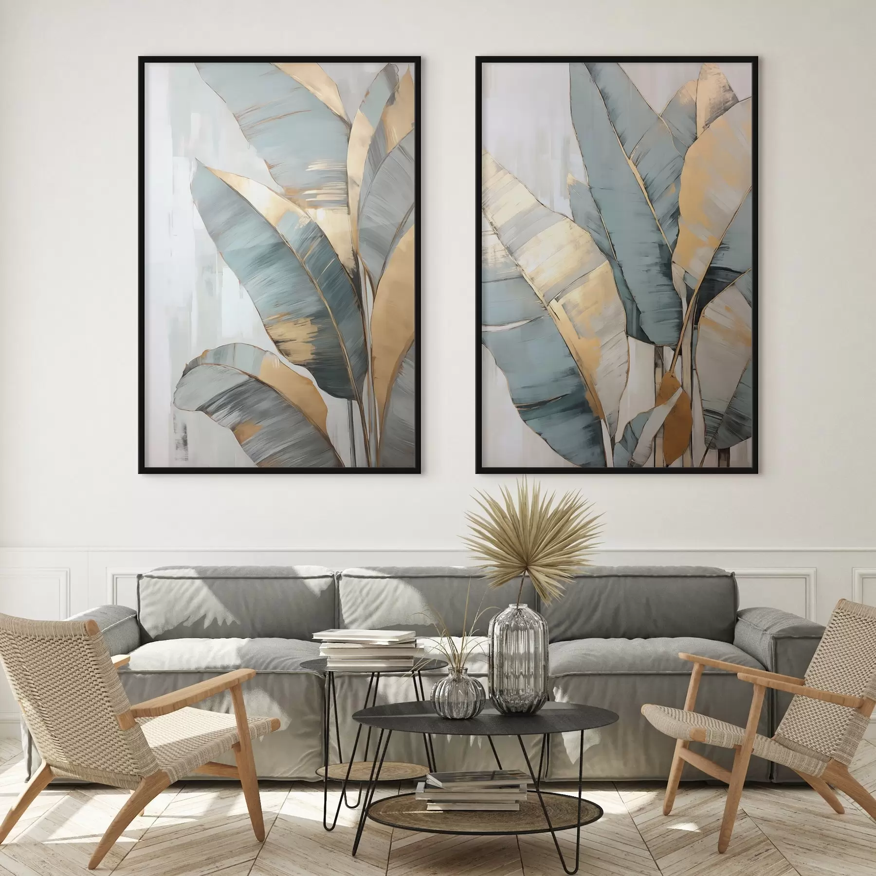 Fototapete Eine Reihe von gedämpften blauen, grauen und gelben Bananenblättern mit sichtbaren Pinselstrichen vor einem weißen abstrakten Hintergrund d00645