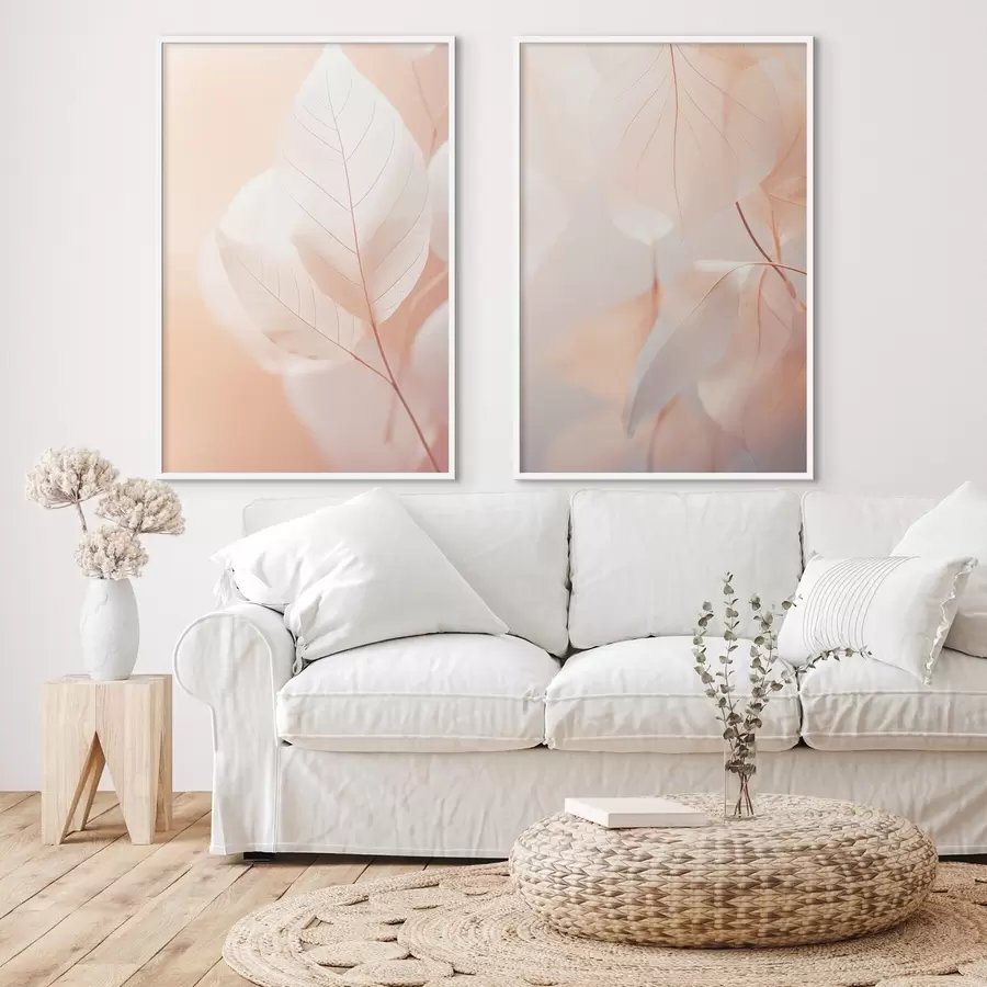 Fototapete Nahaufnahme von durchscheinenden Blättern mit zarten Adern, weiche Pfirsich und weiße Farbpalette, verschwommener Hintergrund d00647